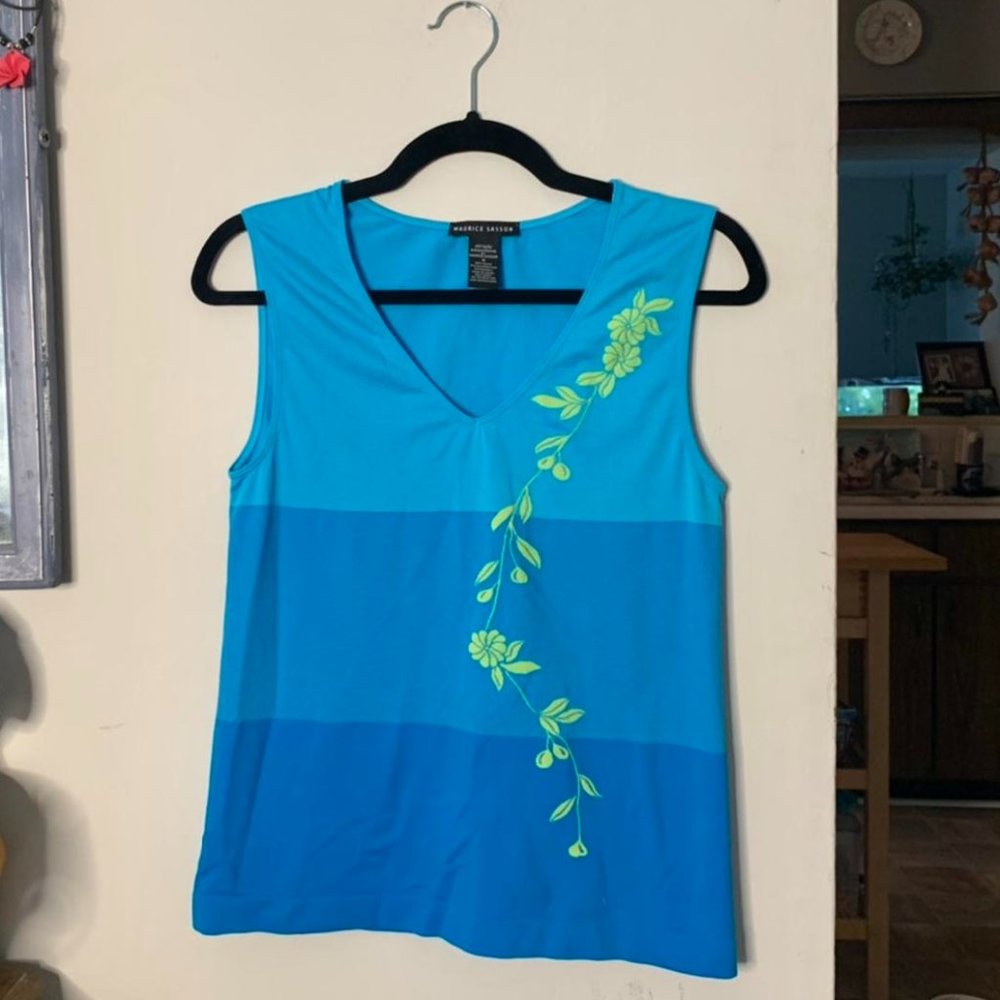 Sz M, Tropical 2000s era stretchy blue/green  Maurice Sasson tank top
